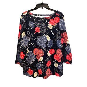 Charter Club Womens Floral Print 3/4 Sleeve Top Large Pima Cotton Intrpd Blue Cm